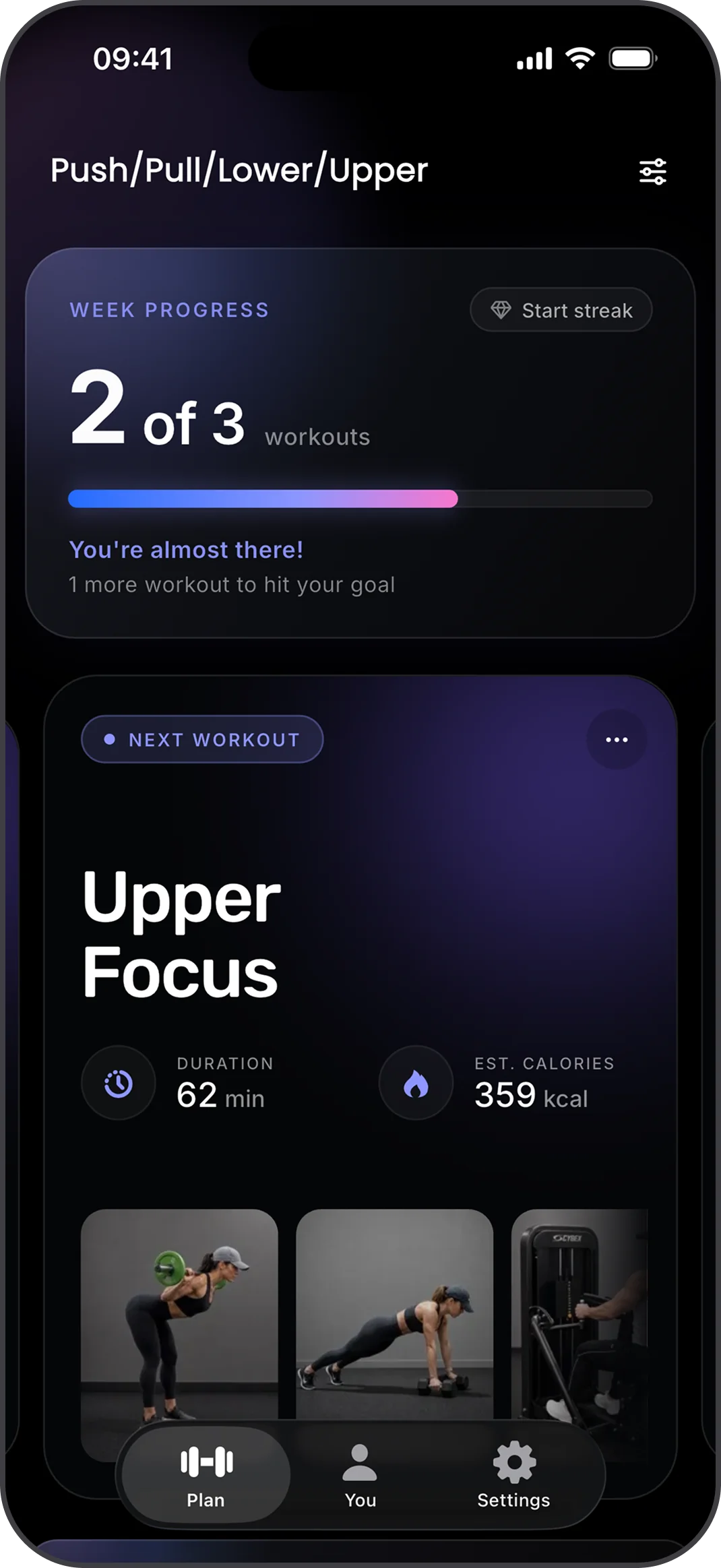 Fitonist home screen with weekly workout progress (2 of 3 workouts) and next workout preview — Upper Focus, 62 minutes, 359 estimated calories