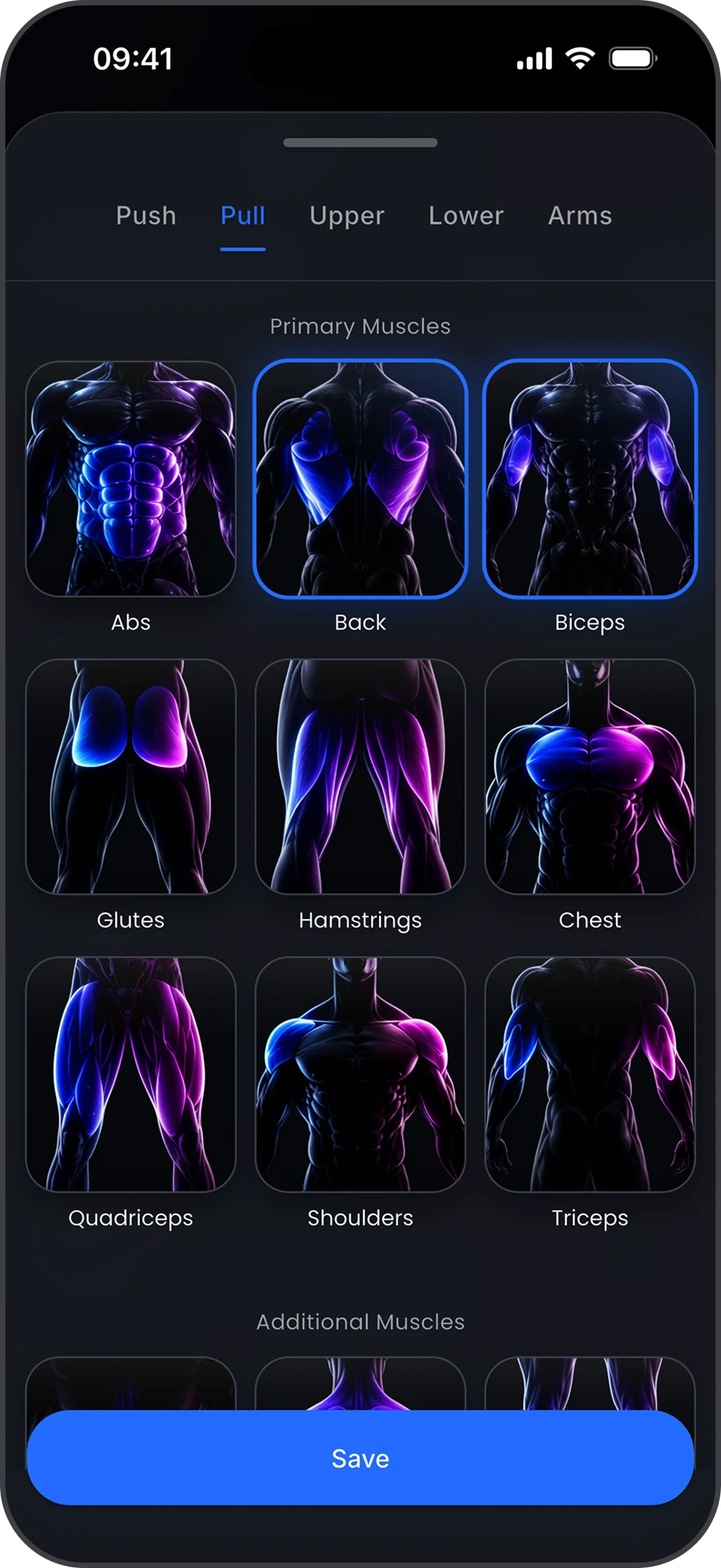 Fitonist muscle group selector showing primary muscles — abs, back, biceps, glutes, hamstrings, chest, quadriceps, shoulders, triceps — under the Pull category
