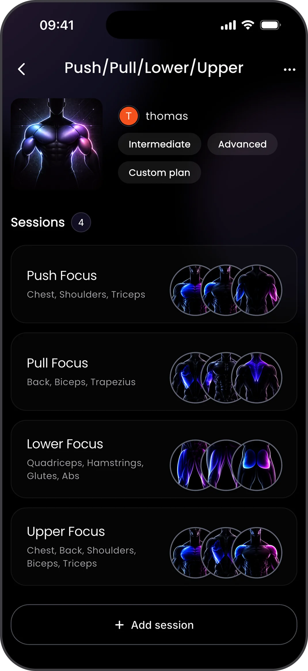 Fitonist Push/Pull/Lower/Upper training split detail showing four sessions — Push Focus, Pull Focus, Lower Focus, Upper Focus — with targeted muscle groups for each session